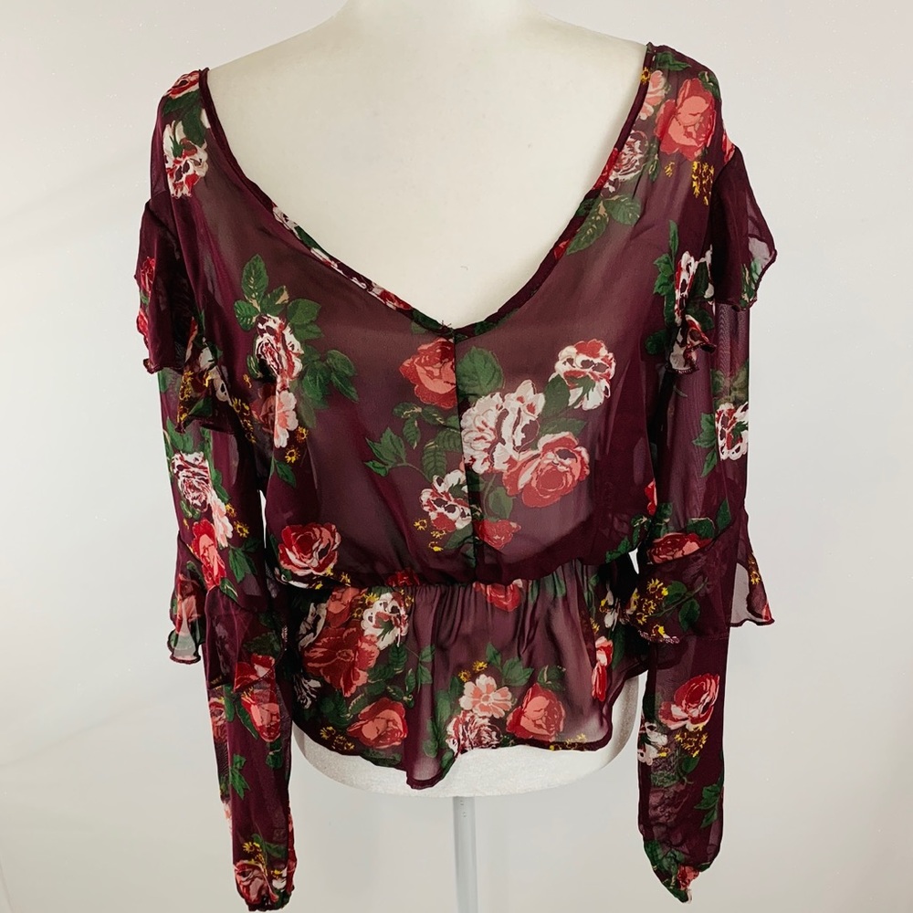 Floral Print Blouse Elastic Waist Size L